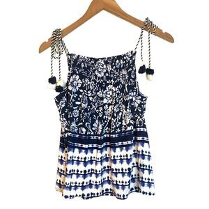 New BB Dakota boho tie dye floral smocked tank top tassel Pom Pom Sz S